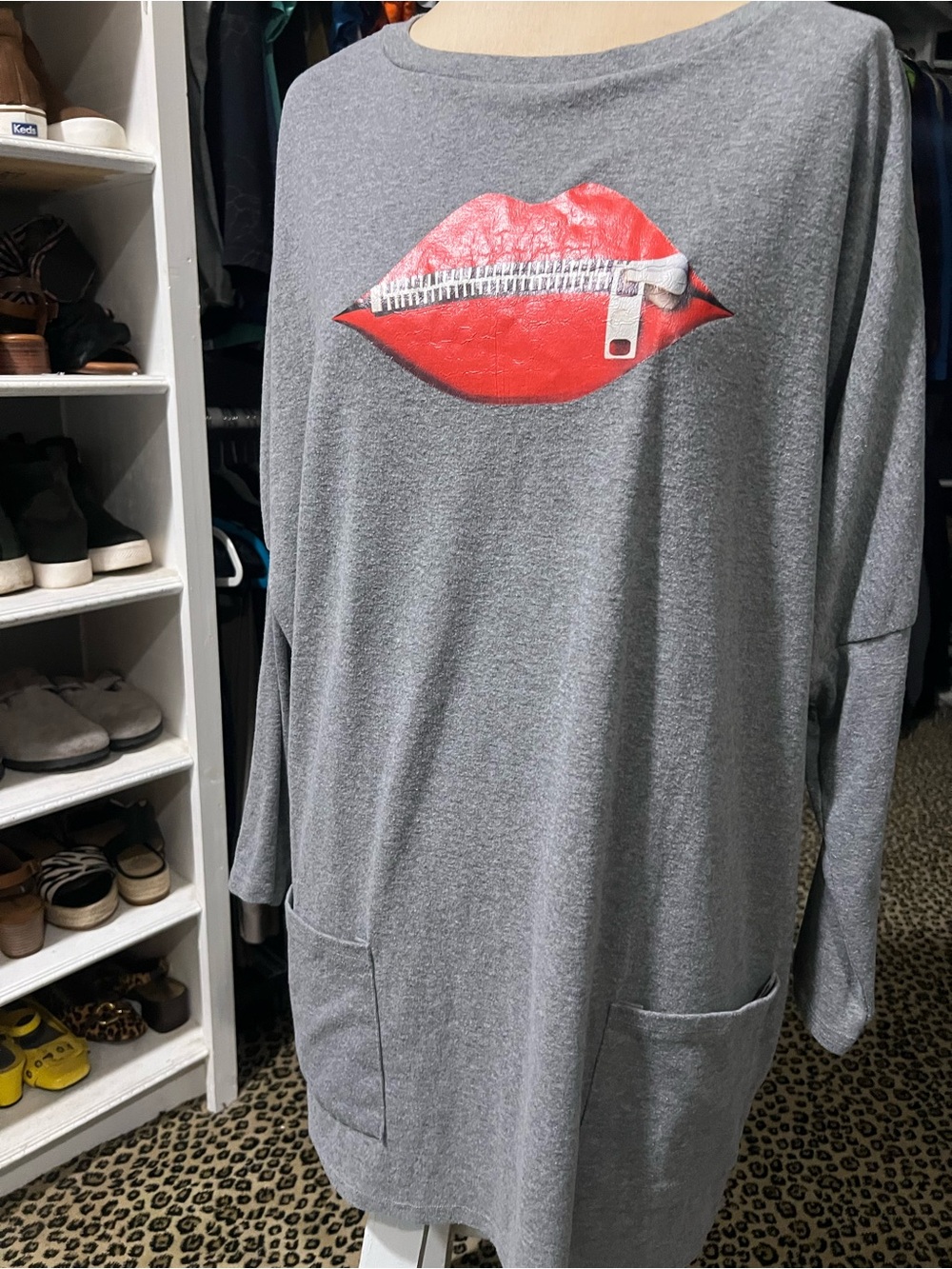 Gray Tunic Dress with Red Lip Zipper Graphic